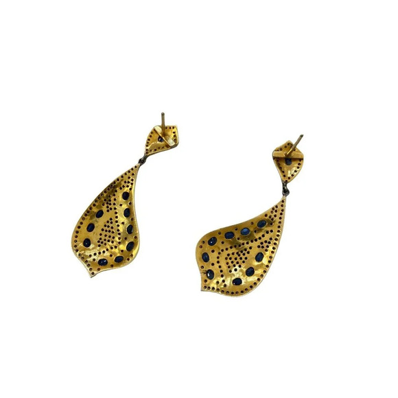 Genuine Sapphire & Diamond Paisley Dangling Drop Earrings NEW - Picture 5 of 5